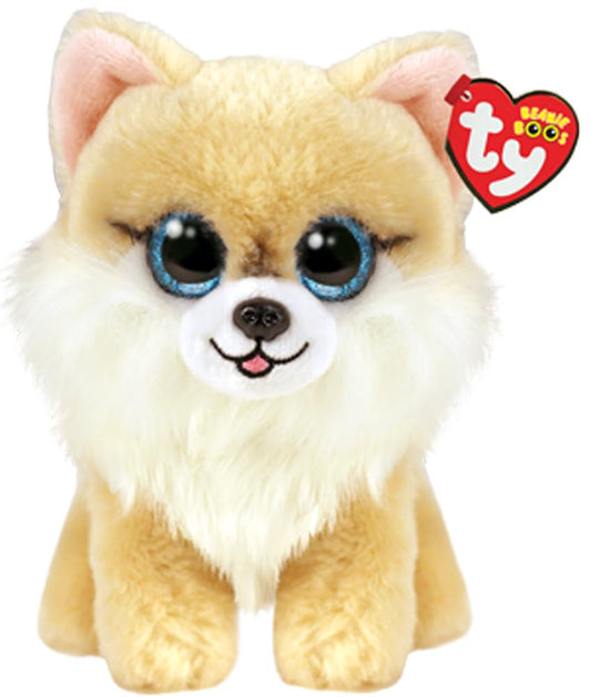 Ty Beanie Boo Honeycomb tan white dog plush with blue glitter eyes, a soft cuddle buddy.