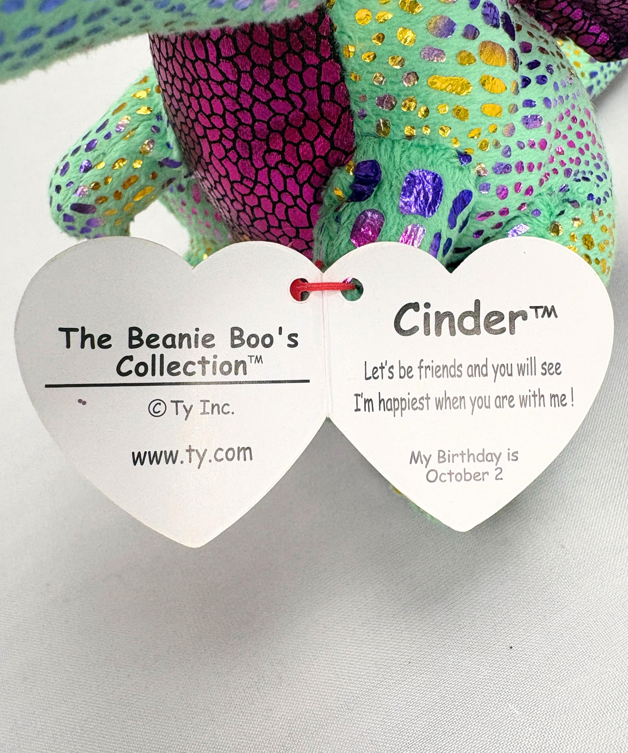 Ty Beanie Boos Cinder green dragon 6in display pose ideal for collection.