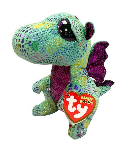 Ty Beanie Boos Cinder green dragon 6in front view showcases soft Ty Silk fabric.