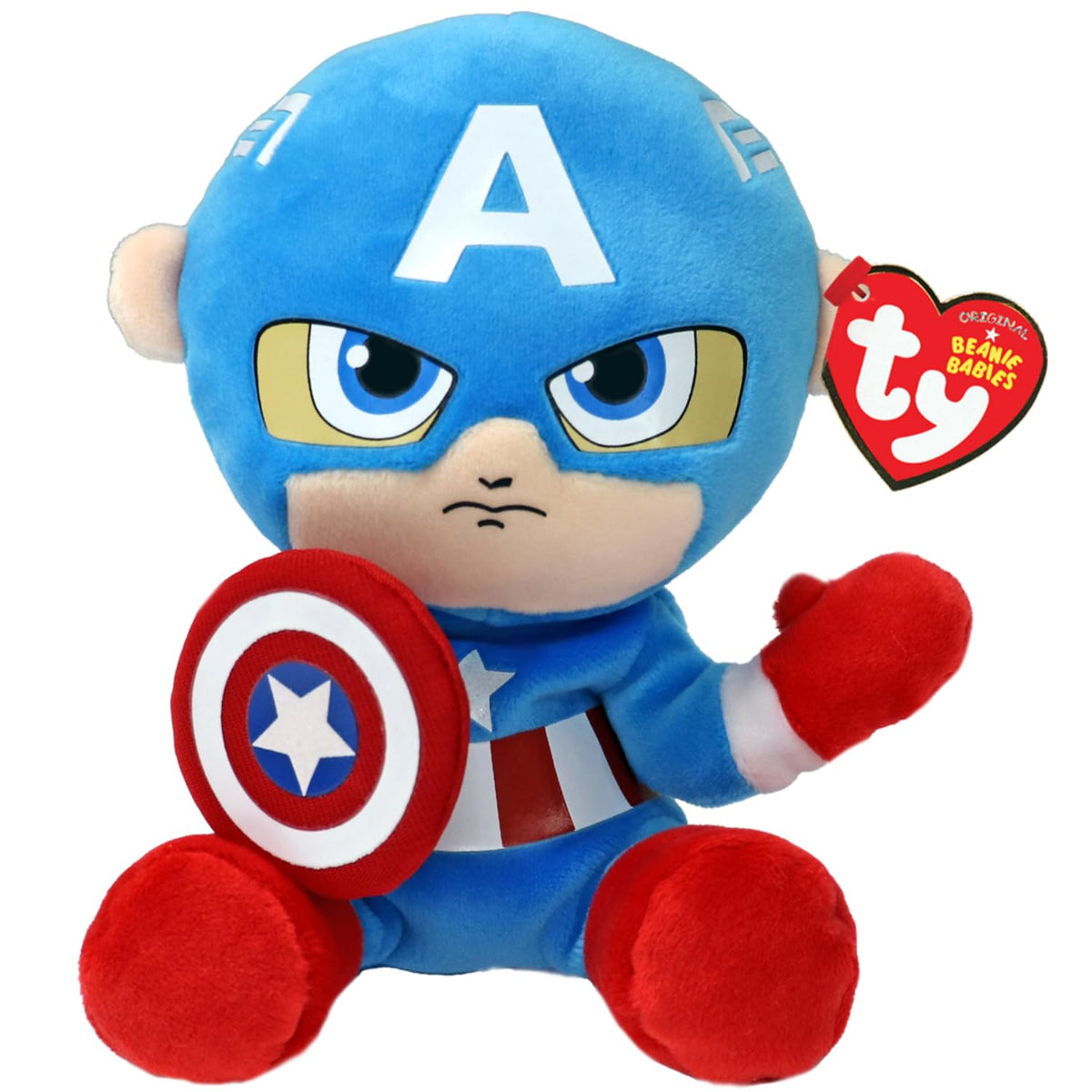TY Captain America plush toy front view, soft cuddly companion for kids.