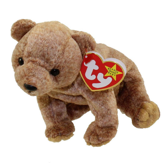 Ty Pecan the Bear beanbag plush, front view, cuddly companion for play or display