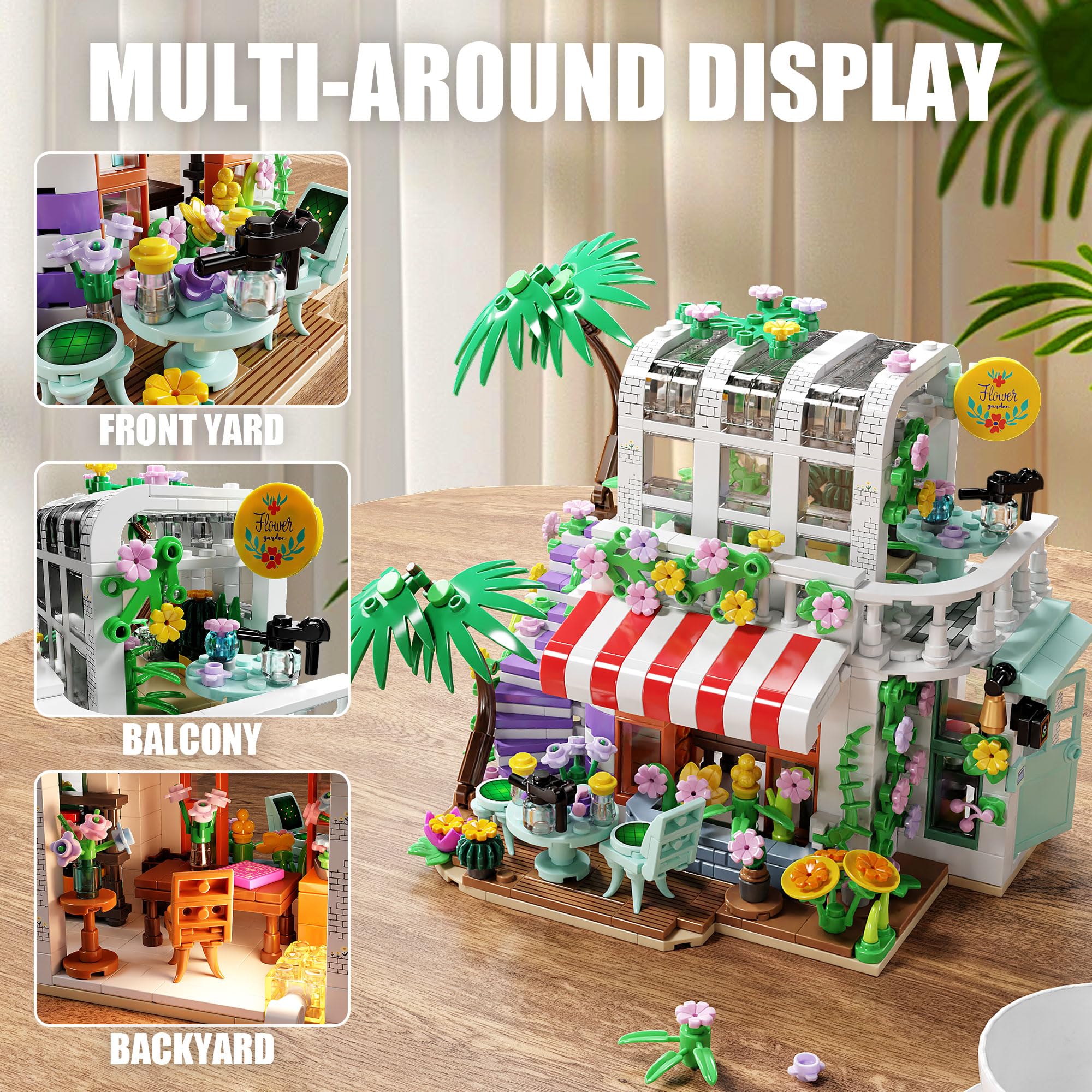 TYCOLE Greenhouse with patio and tropical trees adds vibrant charm to the model.