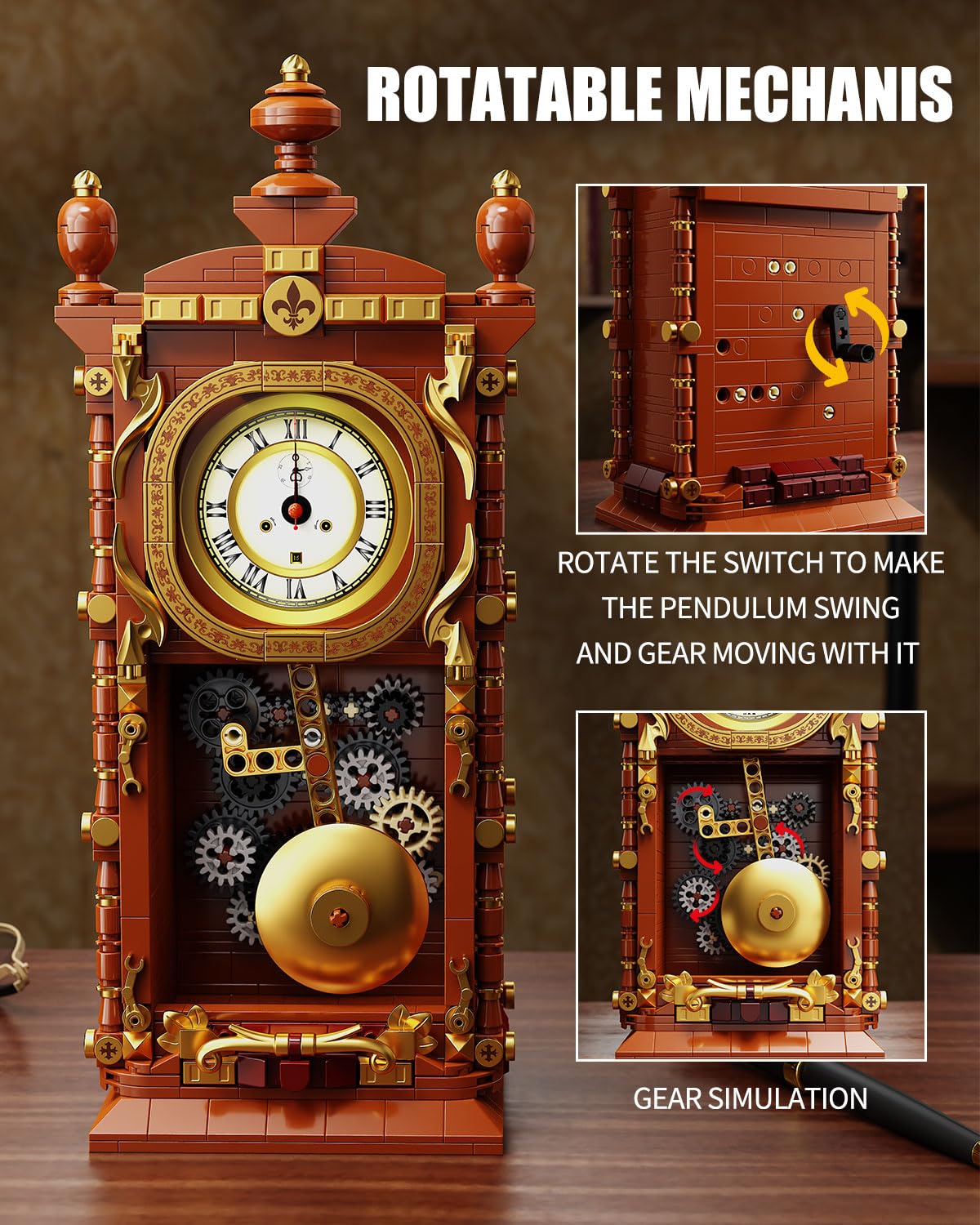 TYCOLE Vintage Pendulum Clock Building Set back cover open shows battery access.