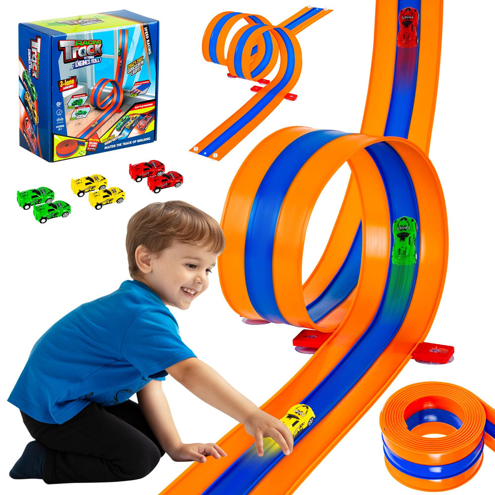 Tyholoo three-lane track assembly for engaging play and quick setup on any surface.