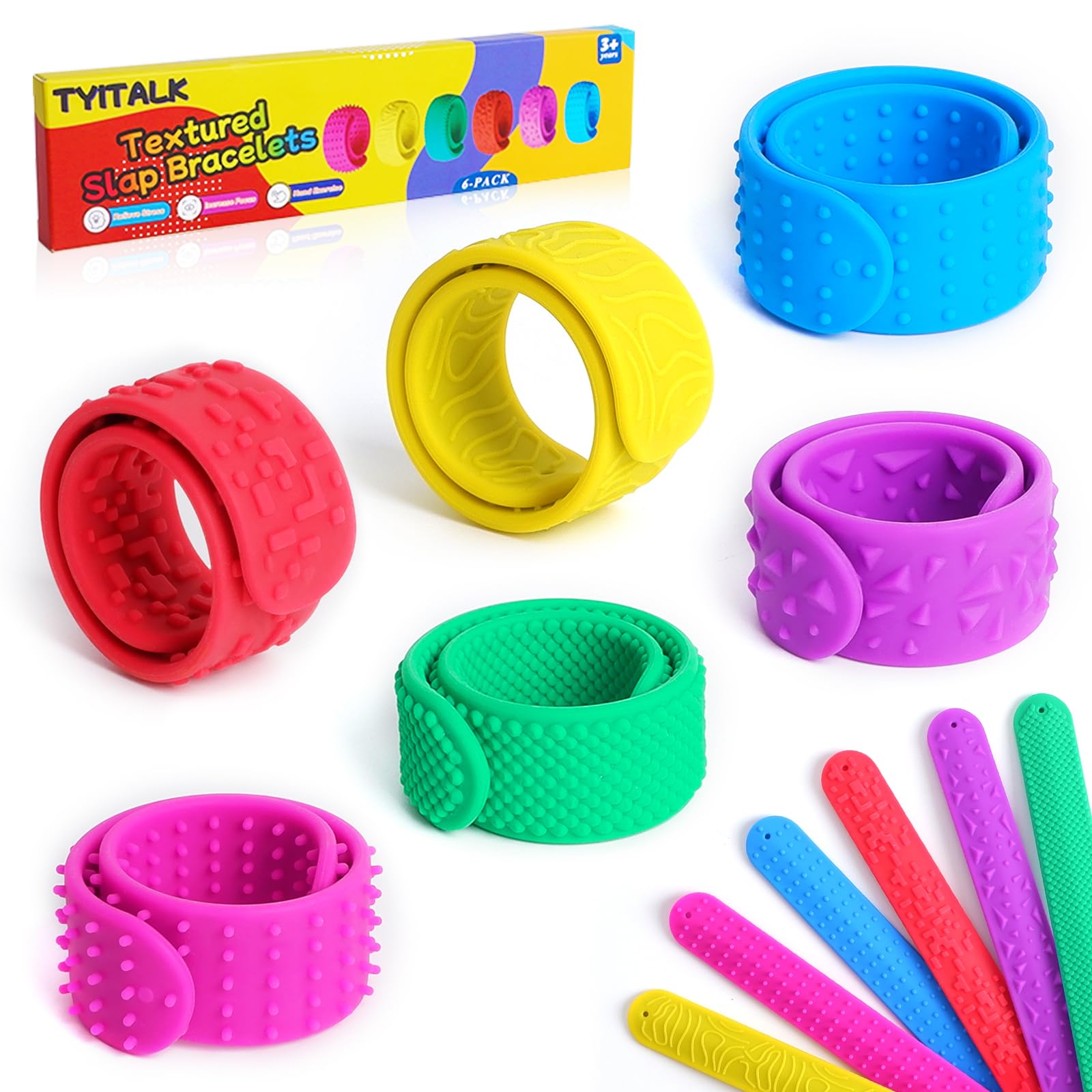 TYITALK 6-pack textured slap bracelets with varied surfaces for tactile exploration and focus.