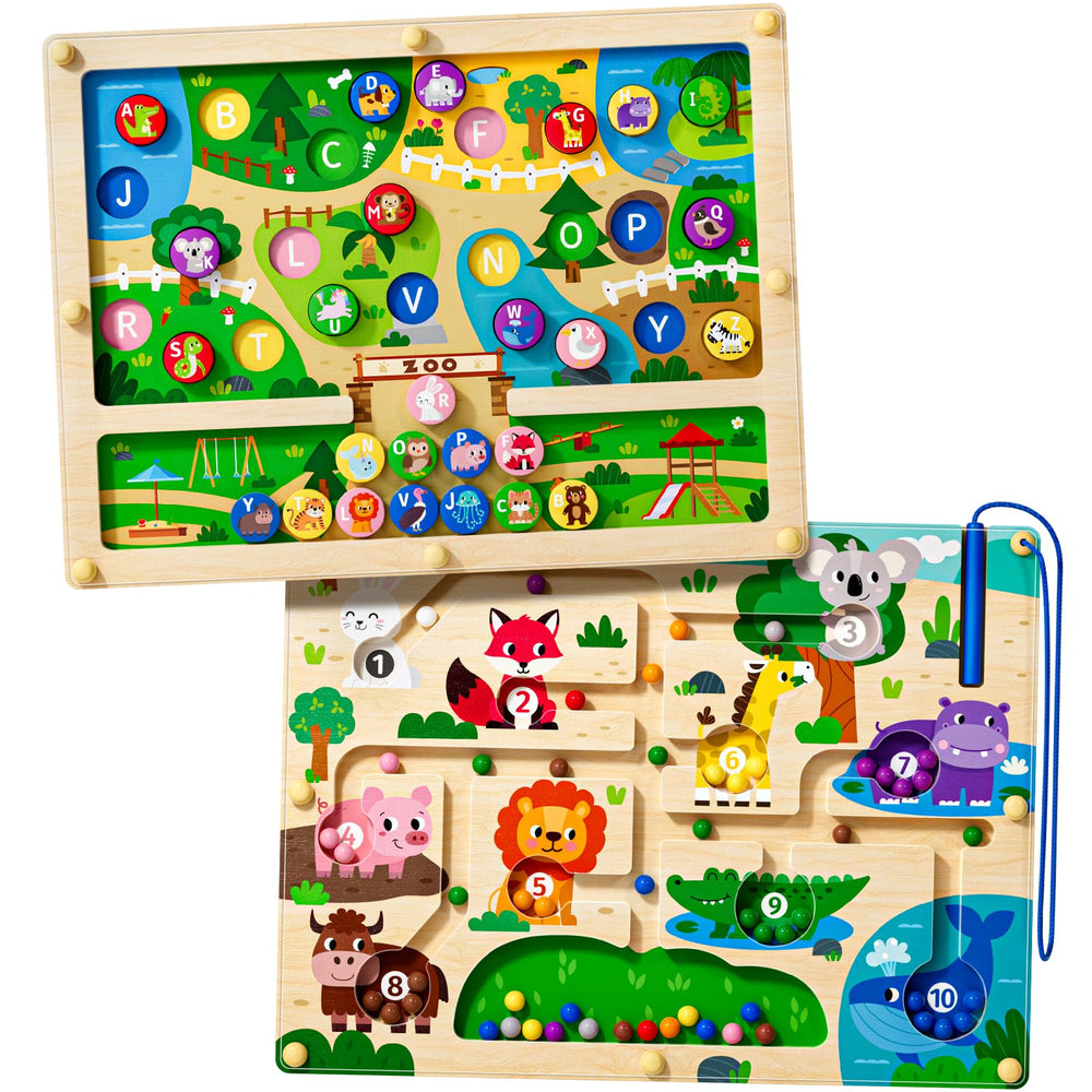 Tymokcall Magnetic Maze 2-in-1 dual-sided board for alphabet and color learning.
