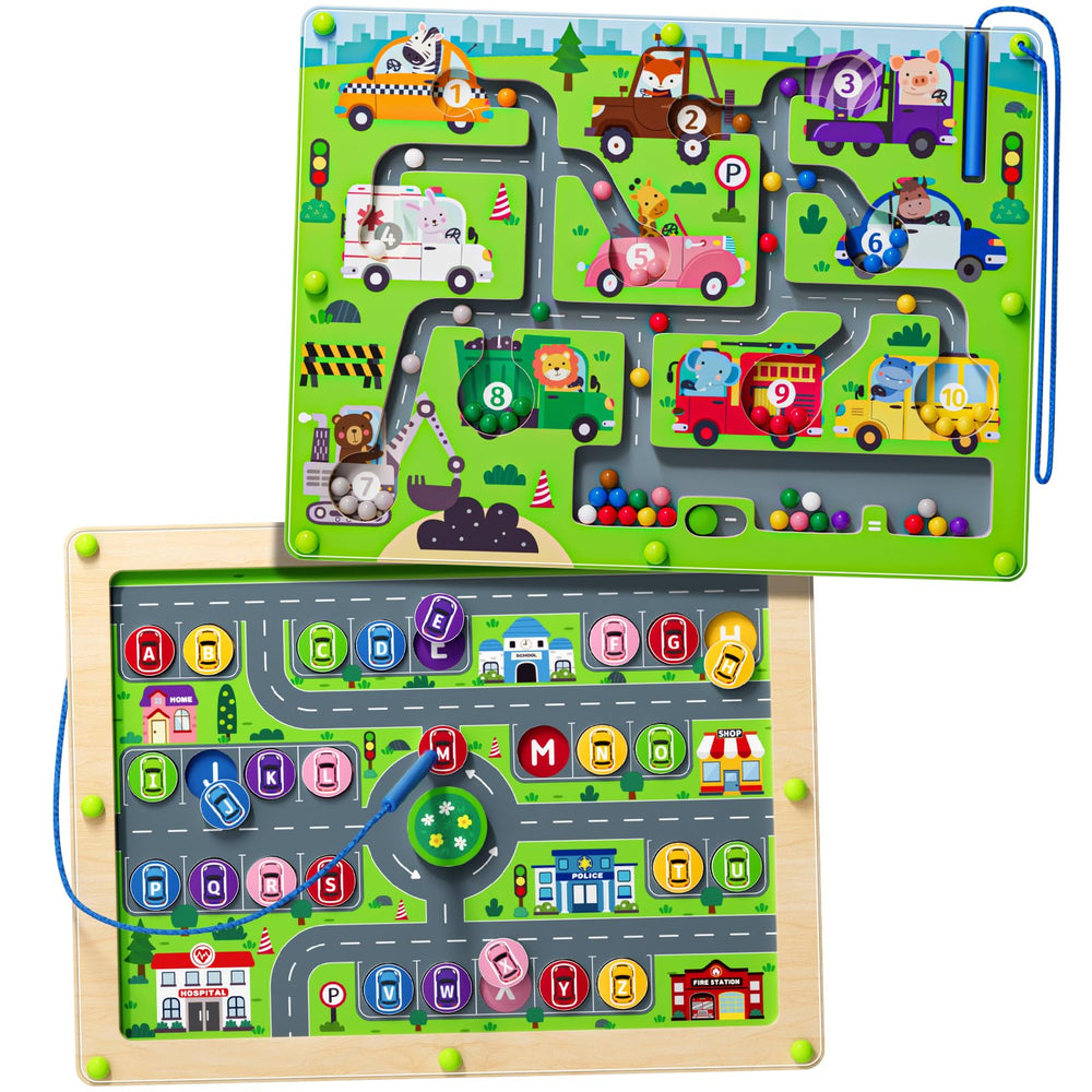 Tymokcall Magnetic Maze double-side board shows color and number learning on each side.