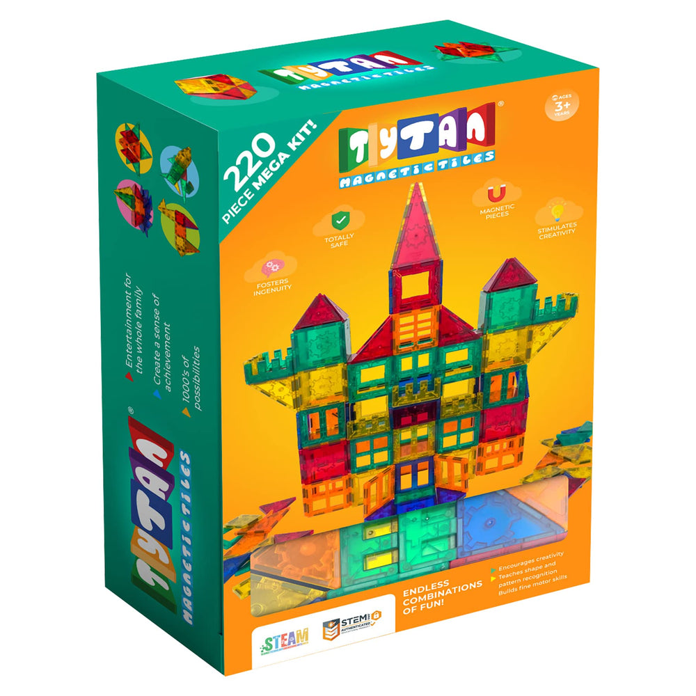Tytan Tiles 220-piece magnetic building set enables imaginative play and STEM-friendly exploration.