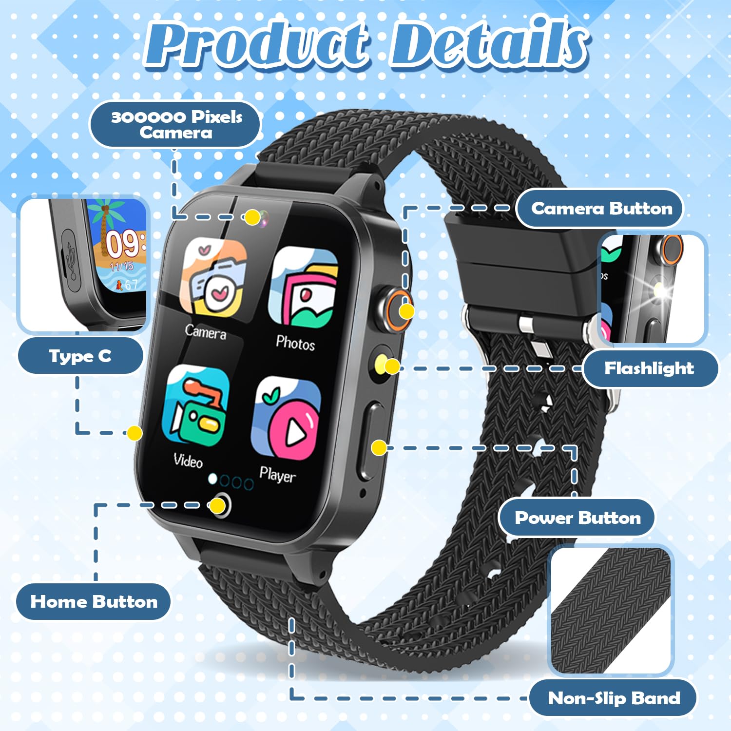Tywop Kids Smart Watch 1.5-inch HD touchscreen offers easy navigation.