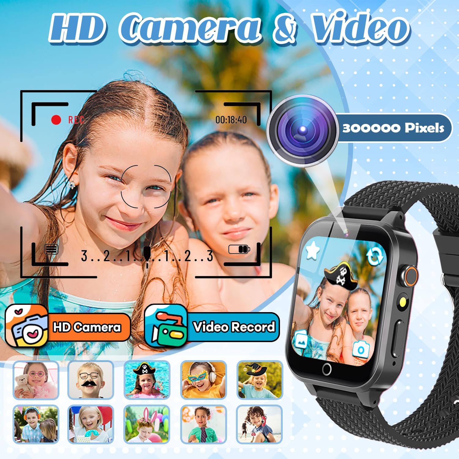 Tywop Kids Smart Watch selfie camera captures kids' adventures.