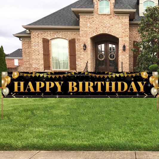 TZSS Black Gold Happy Birthday Banner wall display for party spaces