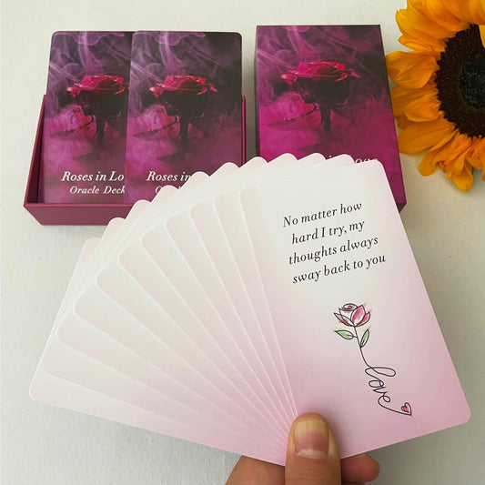 Close-up view of Roses in Love cards highlighting artwork and beginner-friendly messages