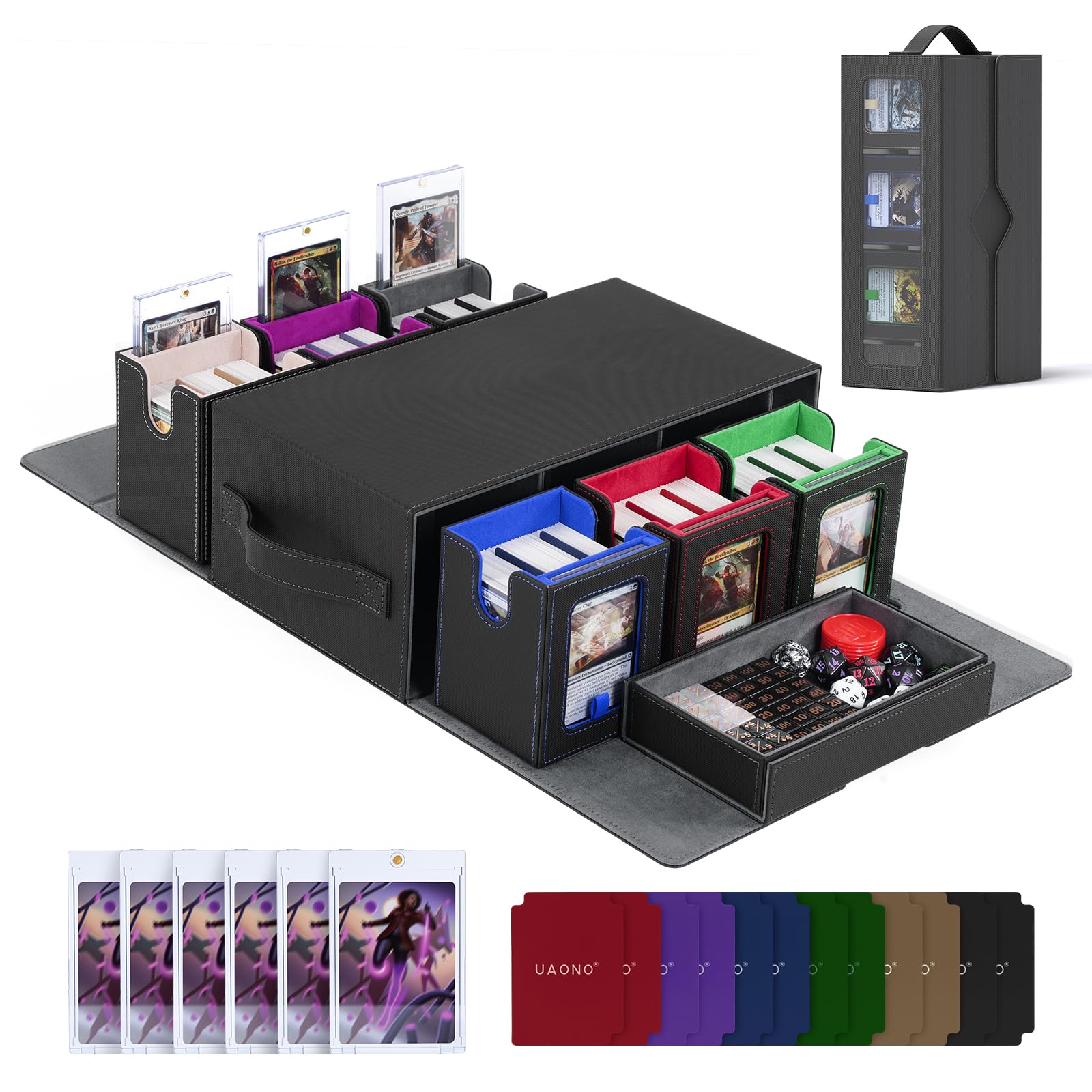 UAONO Commander Deck Box with dice tray for secure, portable organization.