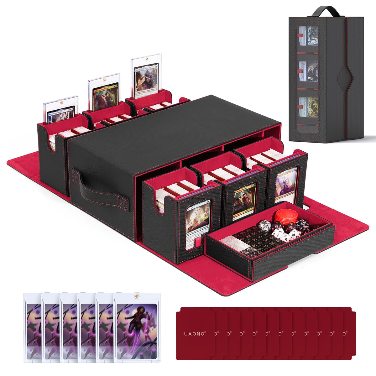 UAONO Commander deck box with display windows keeps MTG decks visible and organized.