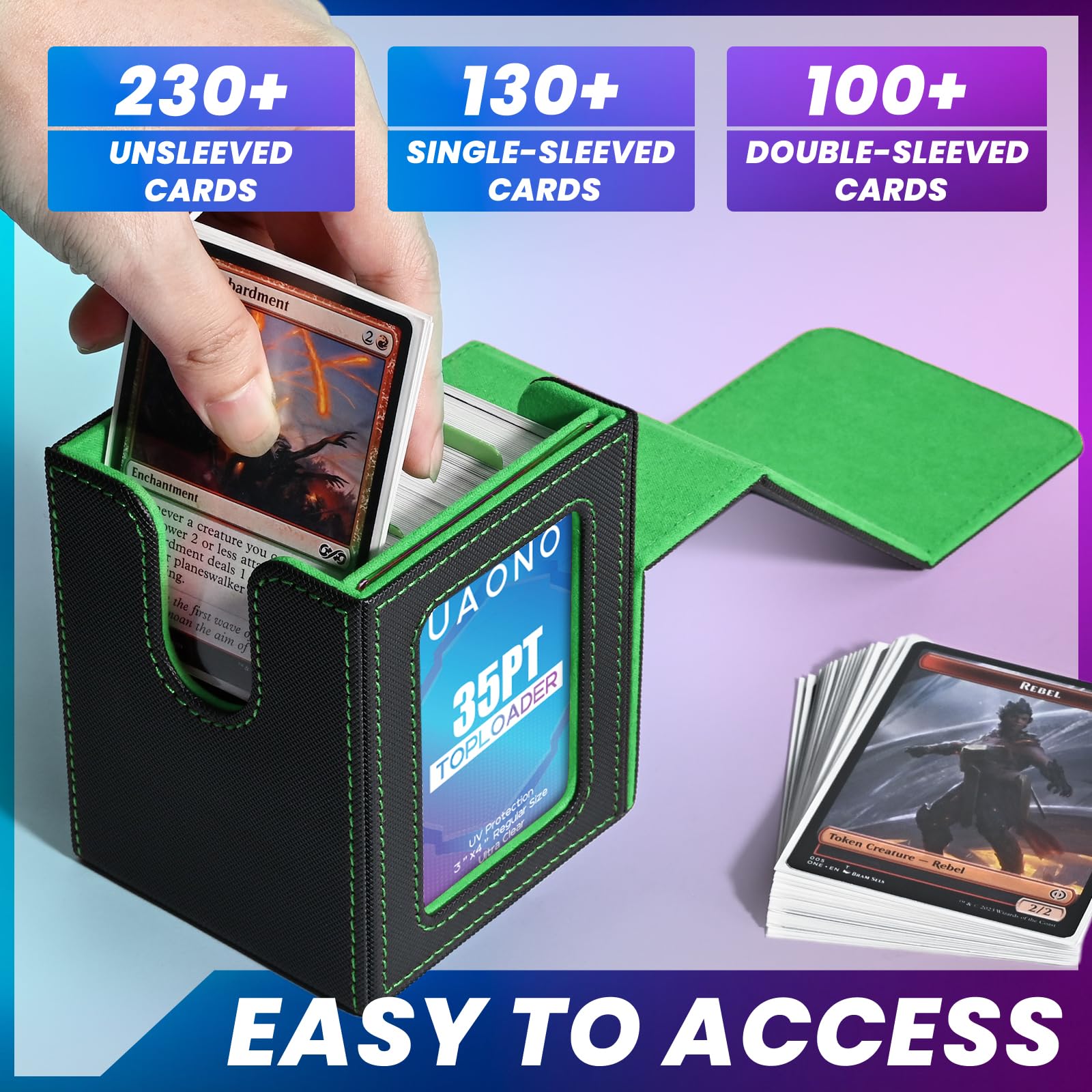 UAONO deck box top loader slot protects prized cards while stored securely.
