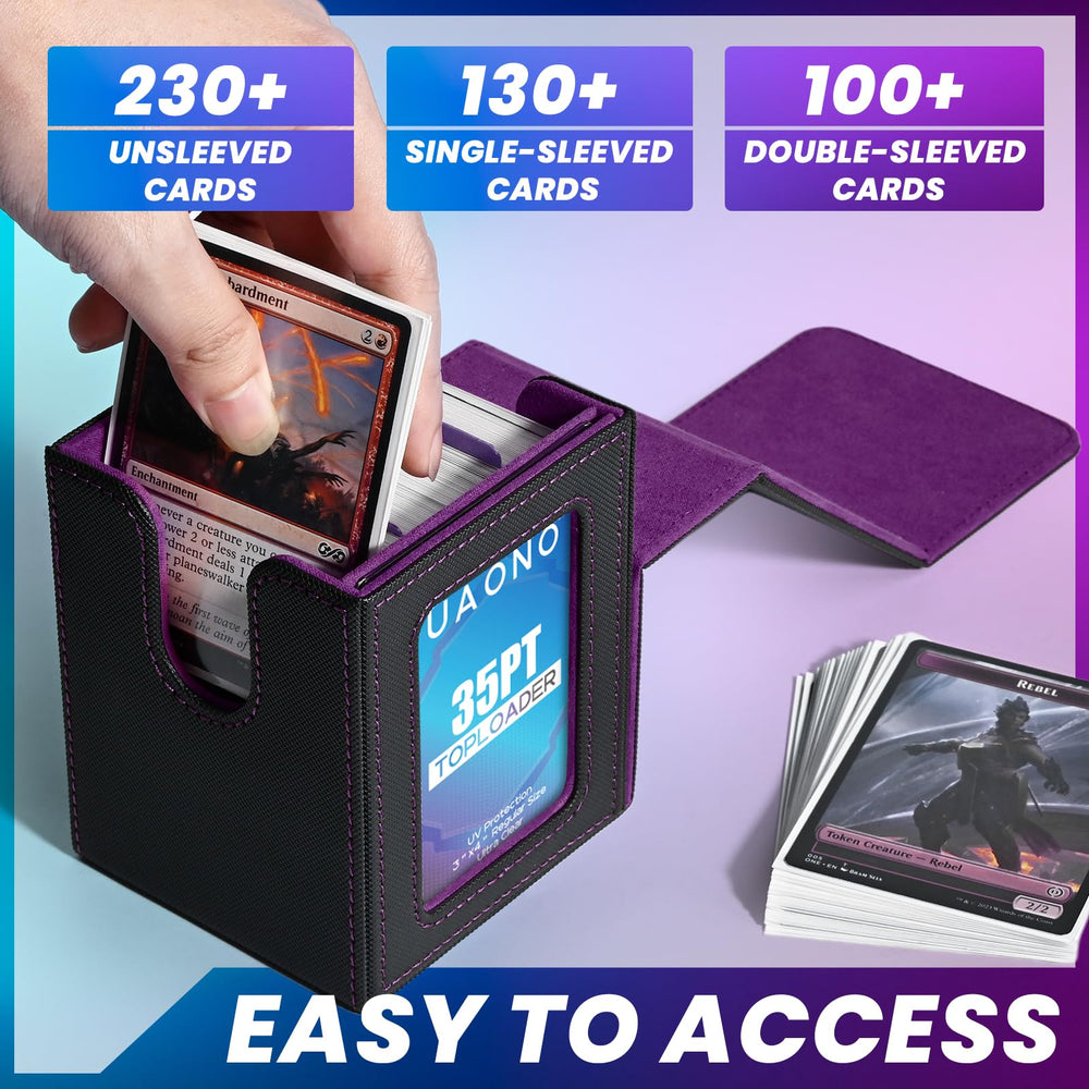 UAONO deck case holds 100+ double-sleeved cards, ready for travel.