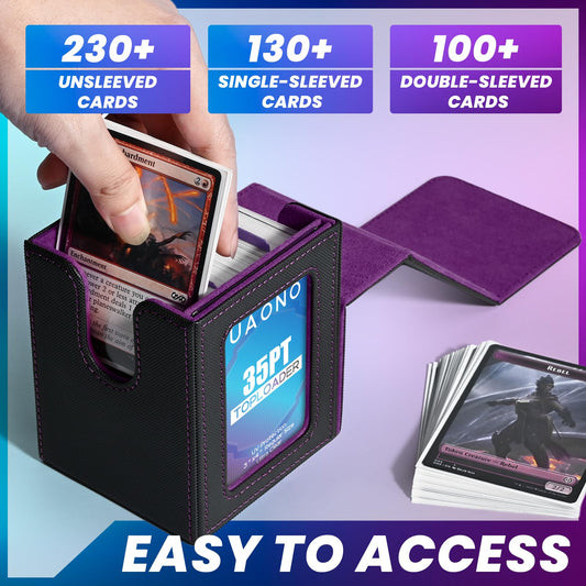 UAONO deck case holds 100+ double-sleeved cards, ready for travel.