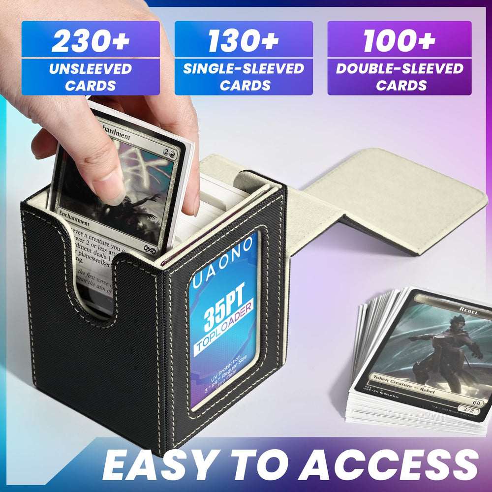 UAONO deck case holds 100+ double-sleeved cards for organized gameplay.