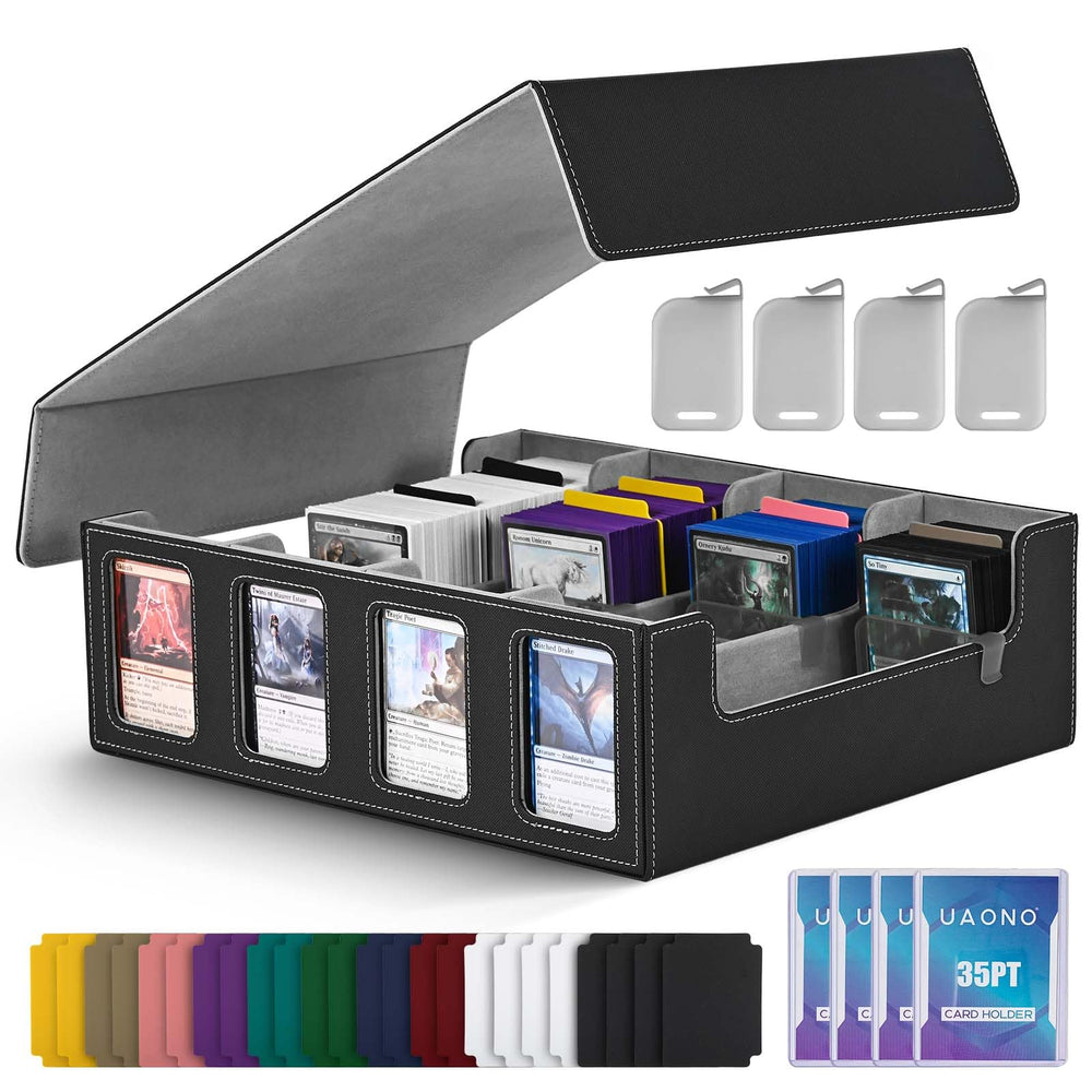 UAONO trading card storage box shows commander display for quick deck recognition