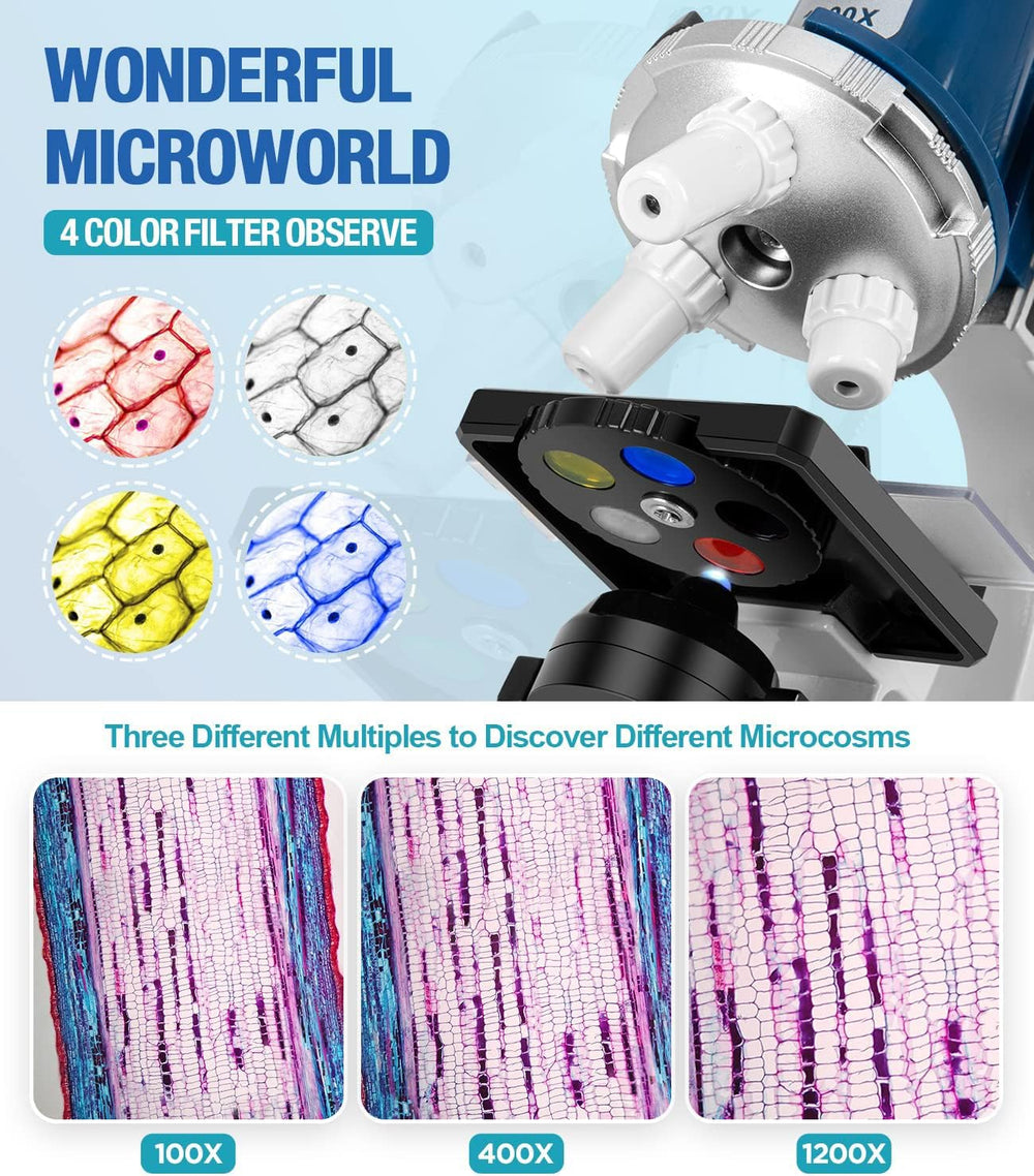 Uarzt 58-piece kit offers 100x, 400x, and 1200x magnifications for varied detail exploration.