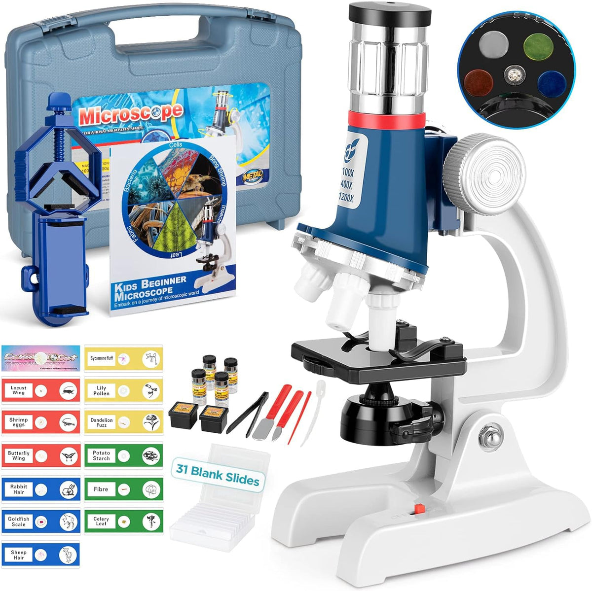 Uarzt 58-piece kids microscope with metal body showcases precise study of tiny details for budding scientists at home.