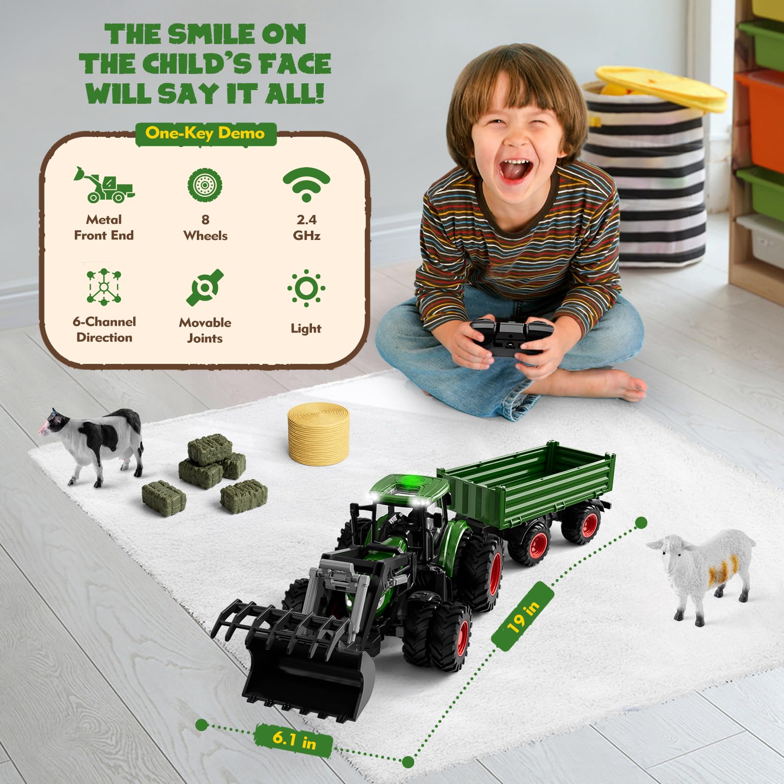 Uarzt remote-control tractor stable on carpet for indoor use.