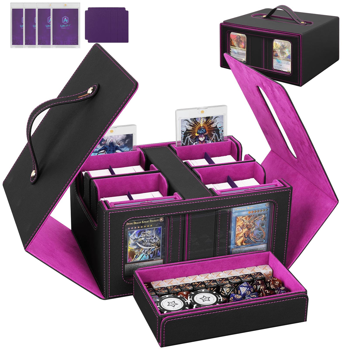 UAUZA MTG card deck box with commander display for quick deck identification during games.