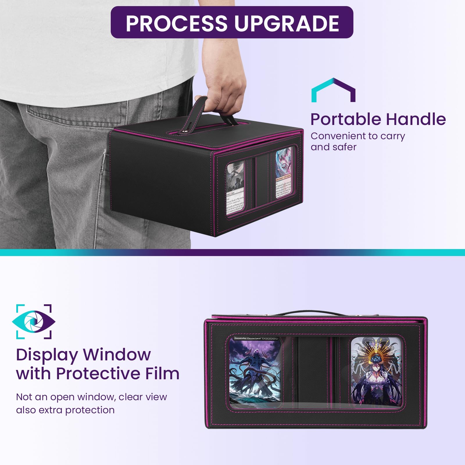 Windowed inner boxes provide at-a-glance visibility of card contents.
