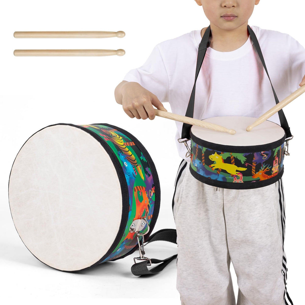 Ubblove kids drum set with adjustable strap in use for portable rhythm practice