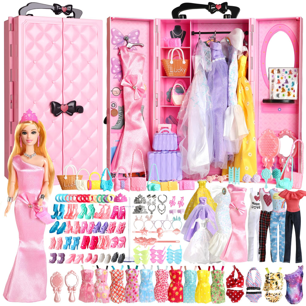 UCanaan 180-pcs doll clothes wardrobe set shown closed, organized storage for play