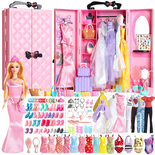 UCanaan 180-pcs doll clothes wardrobe set shown closed, organized storage for play