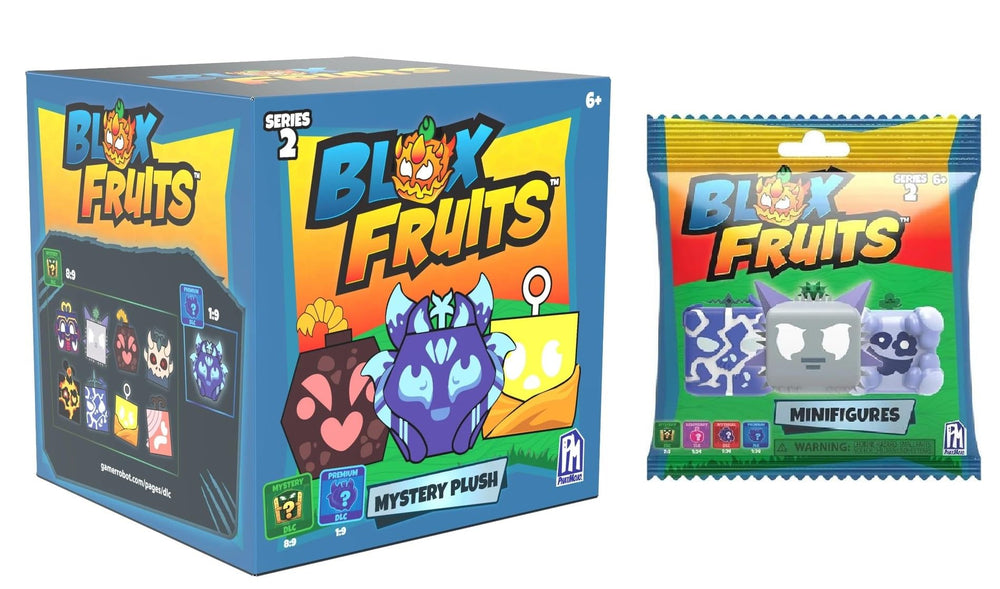 UCC Distributing BLOX Fruits mystery bundle plush and figure with exclusive DLC codes for gaming.