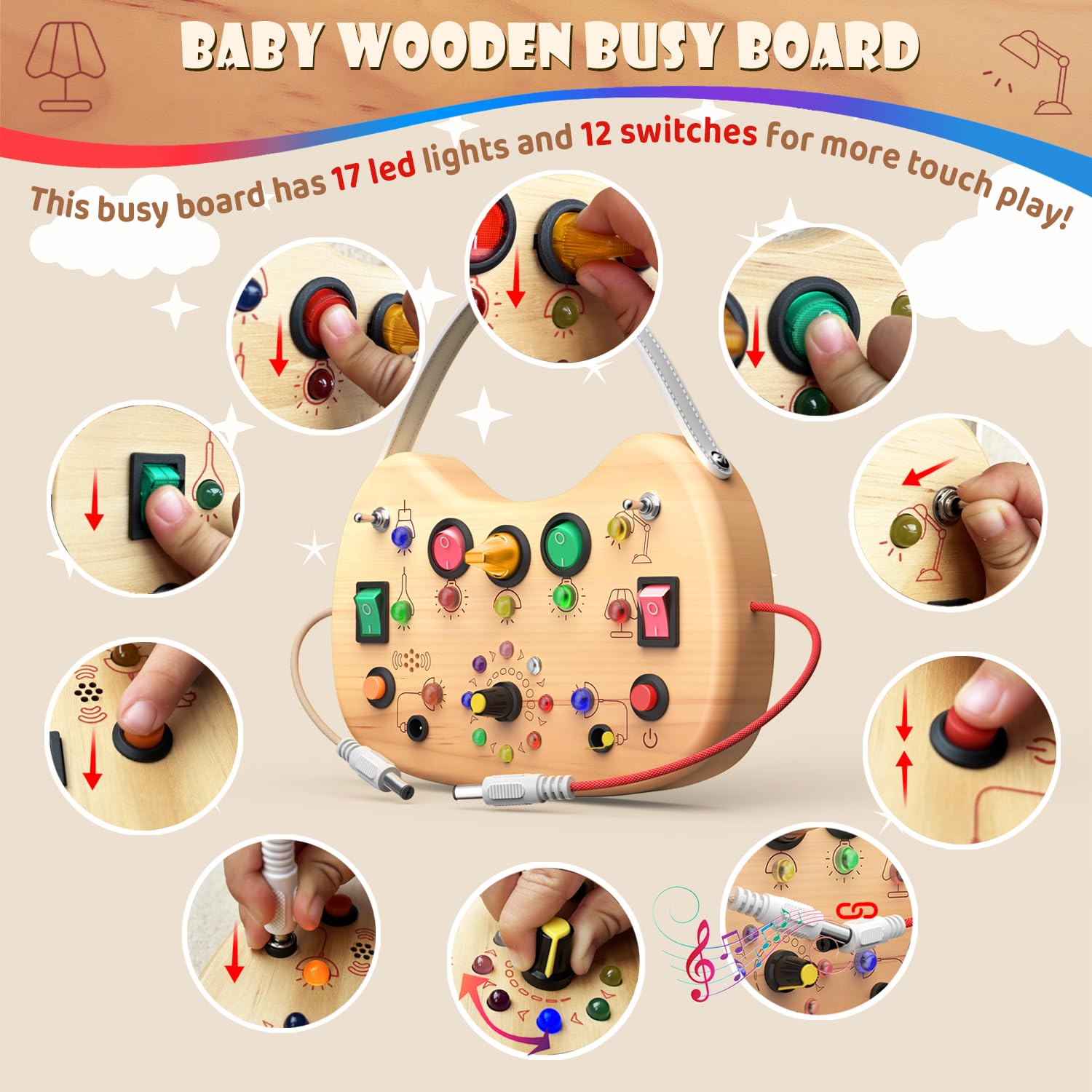 UdoUto busy board leather handle for easy travel.