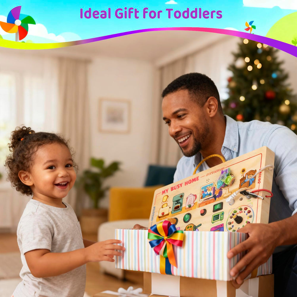 UdoUto Busy Home board wooden design with carry handle for travel play.