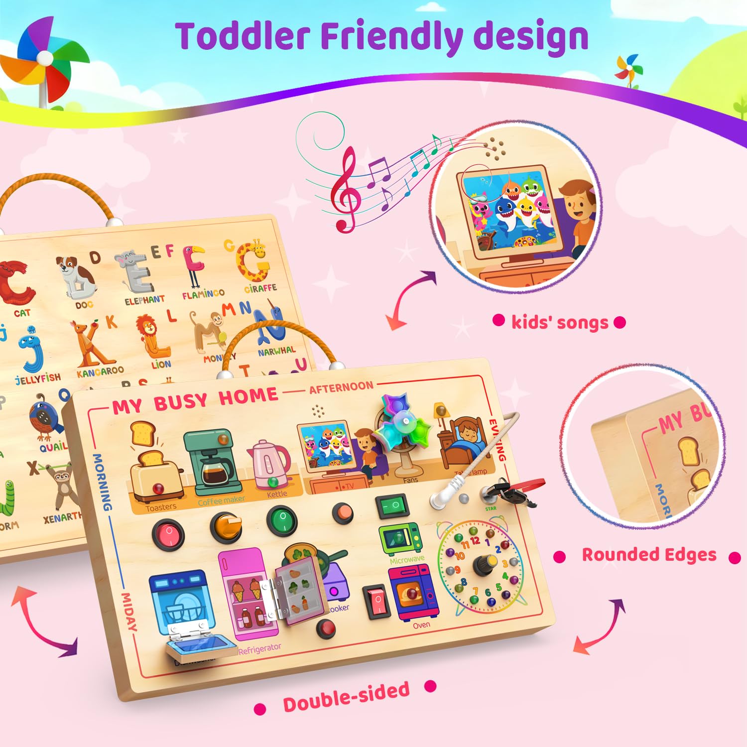 UdoUto Busy Home board featuring coffee maker for imaginative play and dexterity.