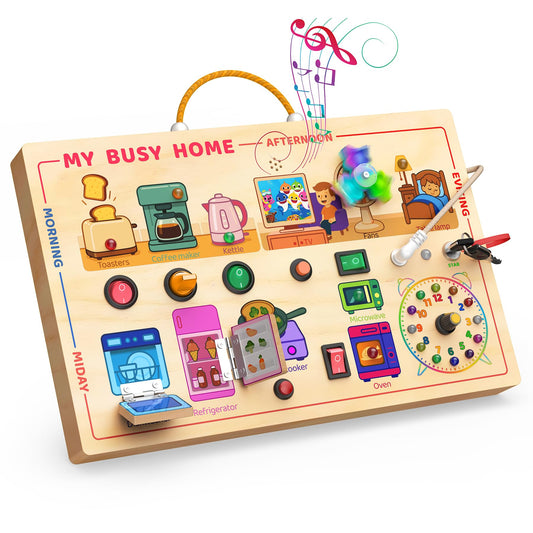 UdoUto Busy Home board with toaster to spark pretend breakfast and motor skills.