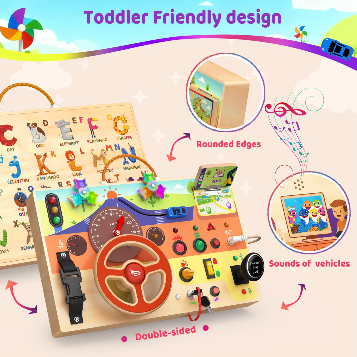 UdoUto Busy Board car key inviting pretend play and motor skills