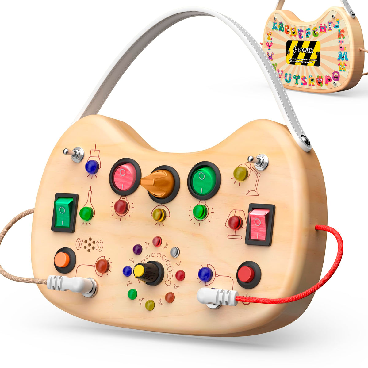 UdoUto Montessori Busy Board with LED lights engages toddlers during playtime.