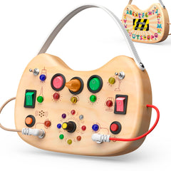 UdoUto Montessori Busy Board with LED lights engages toddlers during playtime.