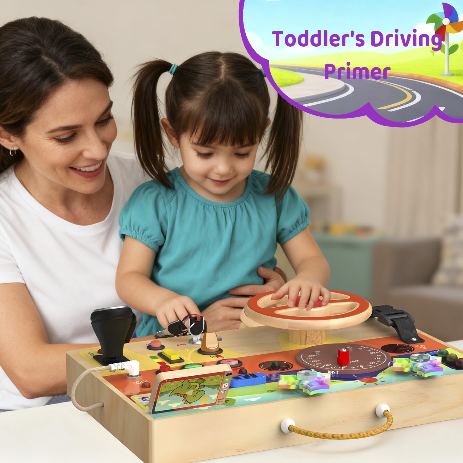 UdoUto Busy Board seatbelt buckle encouraging safe learning