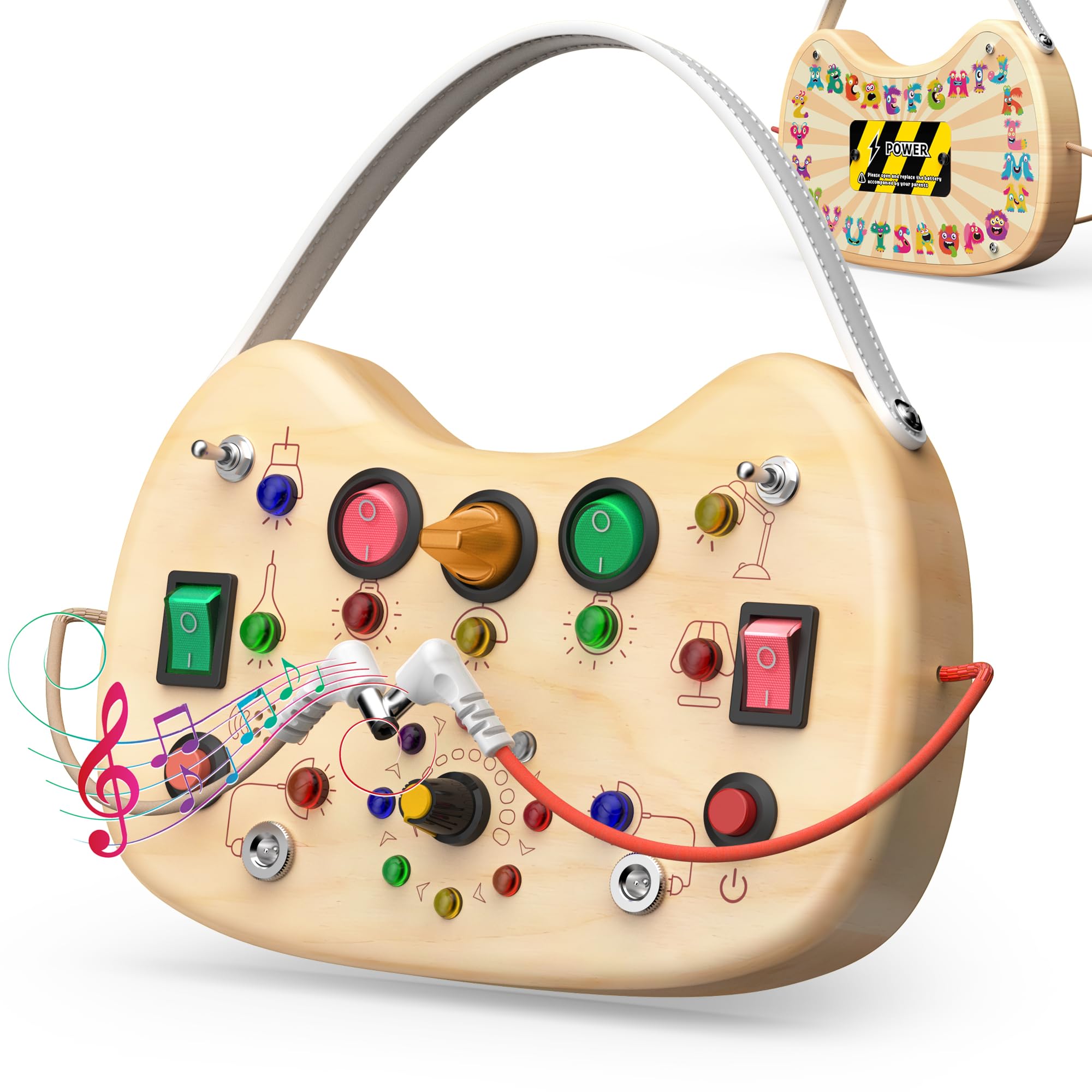 UdoUto Toddler Busy Board with LED switch front stimulates fine motor exploration