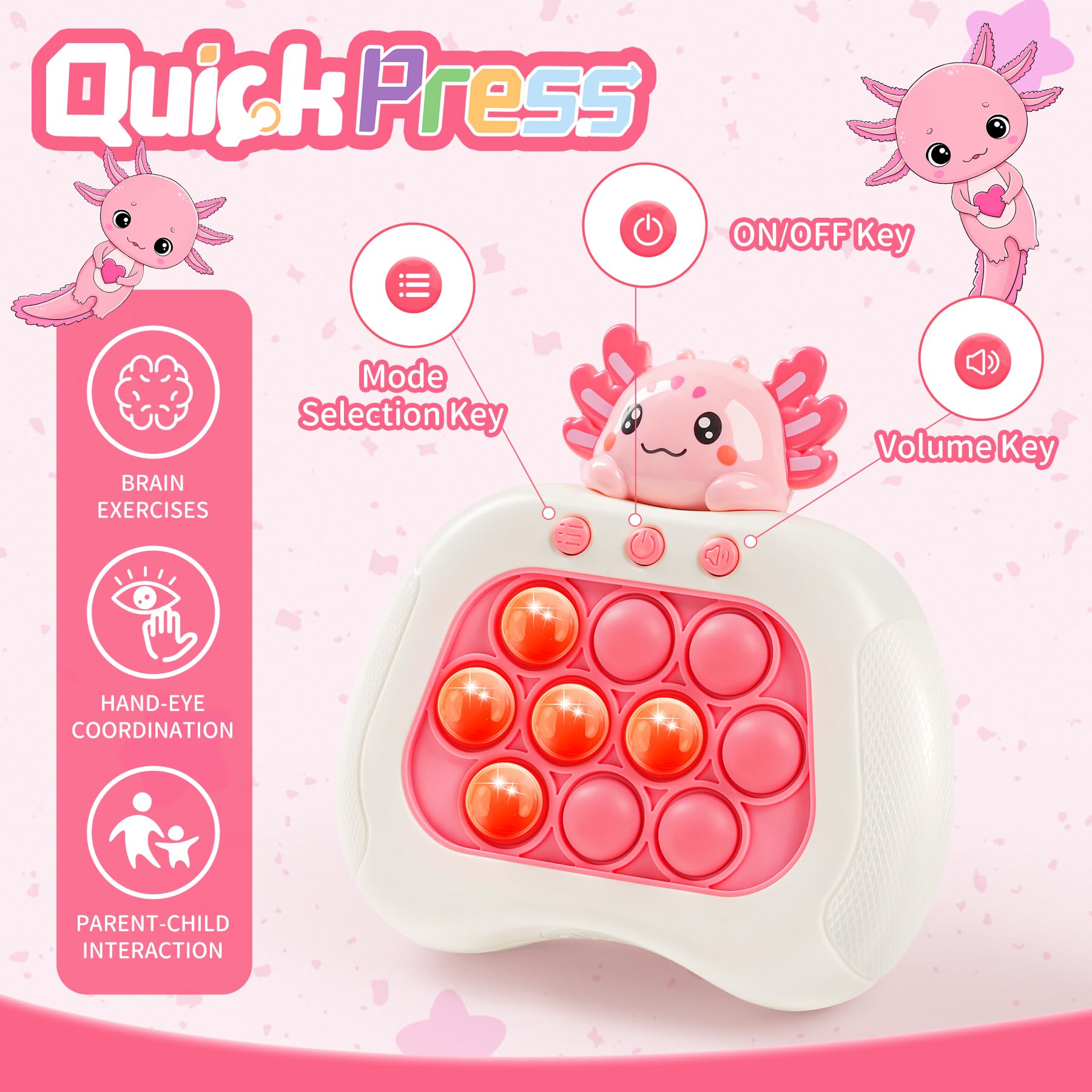 Ueghz Axolotl Pop Game four modes, versatile play for kids and teens