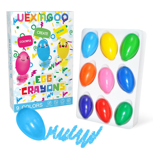 UEXINGOO 9-color egg-shaped crayons pack for toddlers, easy-grip design.