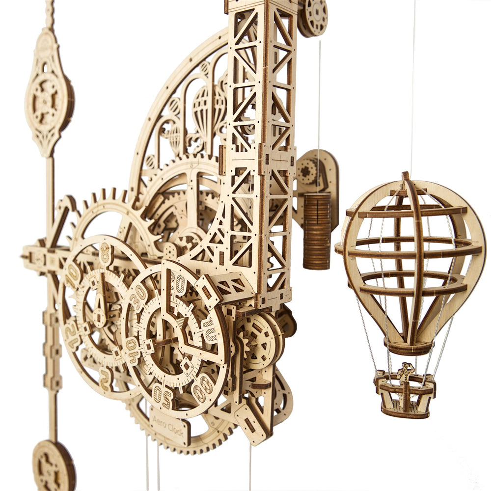 UGEARS Aero Clock assembly parts showcase intricate wooden pieces for a rewarding build.
