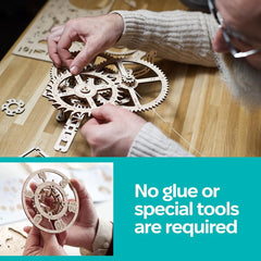 UGEARS Aero Clock tool-free assembly lets you click pieces together without glue.