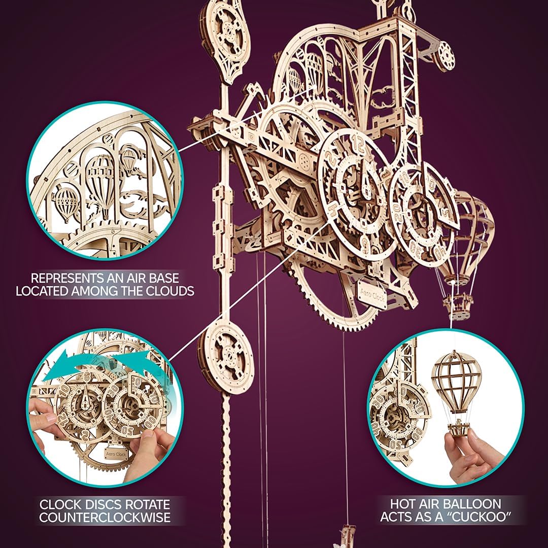 UGEARS Aero Clock gravity-weighted descent powers the mechanism for a dynamic display.