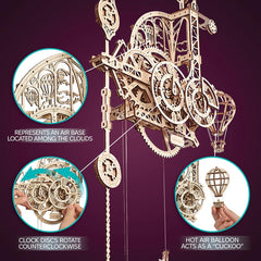 UGEARS Aero Clock gravity-weighted descent powers the mechanism for a dynamic display.