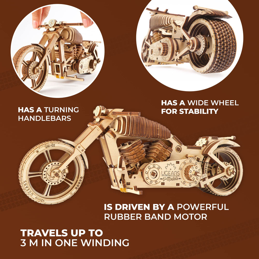 UGEARS Bike DIY Kit assembly on a workbench demonstrates step-by-step construction.