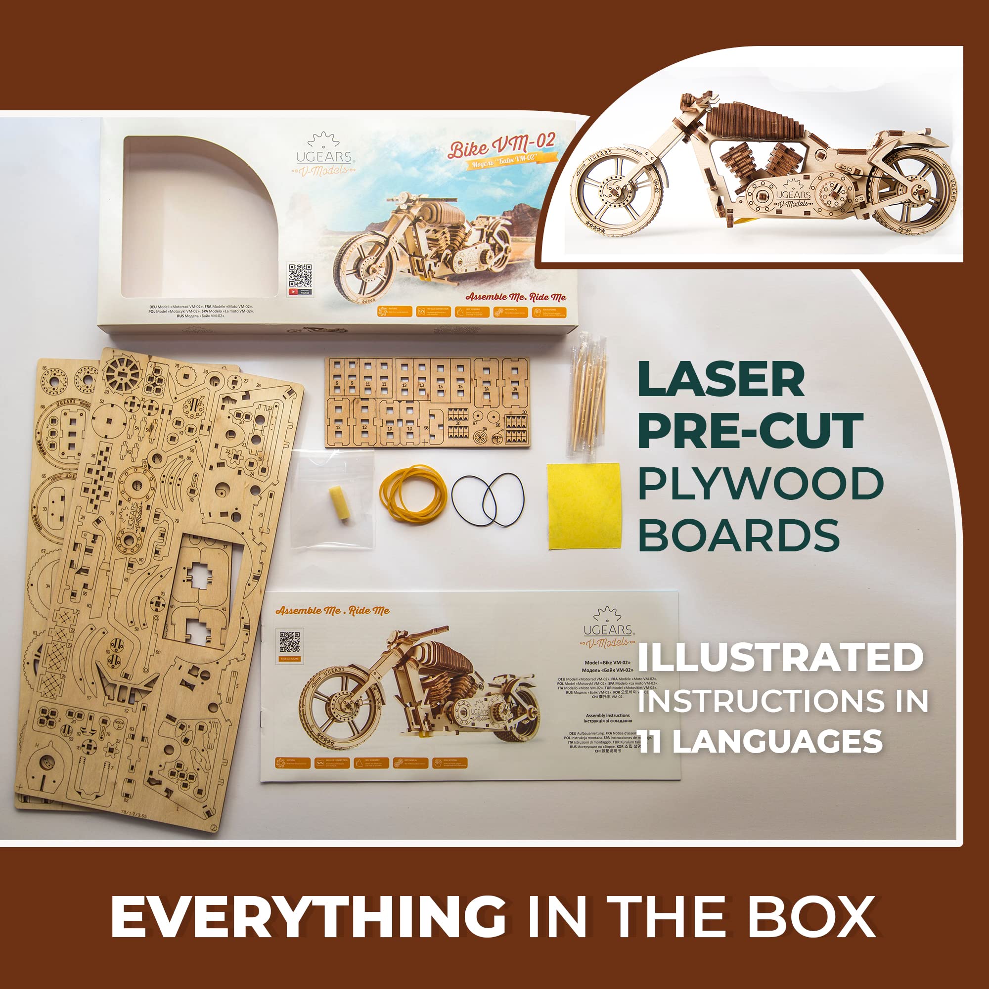 UGEARS Bike DIY Kit glue-free assembly emphasizes easy, glue-less construction.