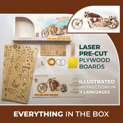 UGEARS Bike DIY Kit glue-free assembly emphasizes easy, glue-less construction.